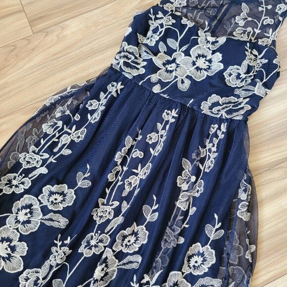Beige by ECI Embroidered Tulle Illusion Midi Dress in Black Navy - Picture 2 of 13